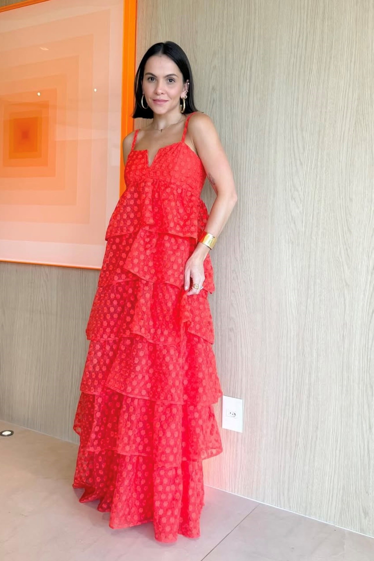 Vestido longo laranja babados